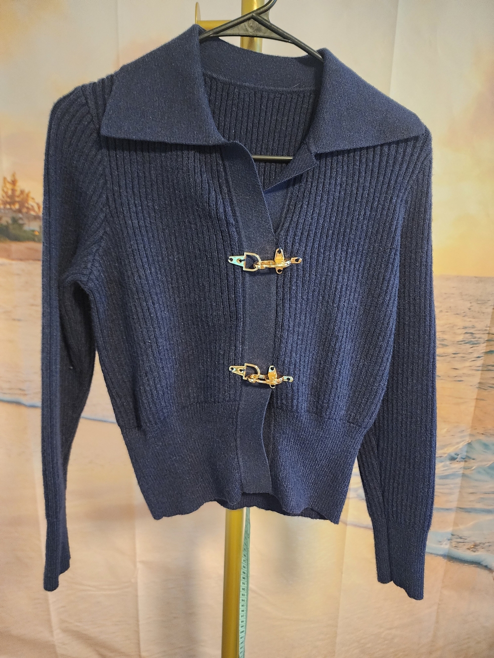 Commense Navy Ribbed Cardigan with Gold Toggle Clasps